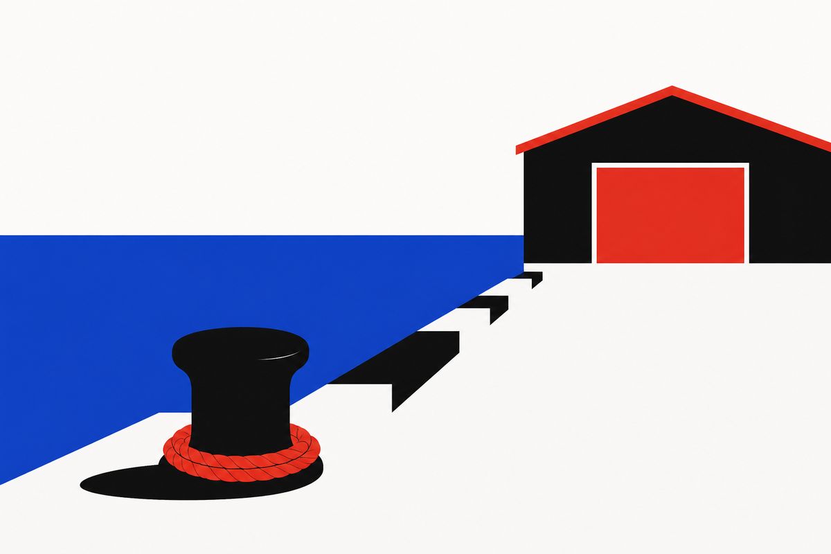 Geometric quay and bollard in royal blue.
