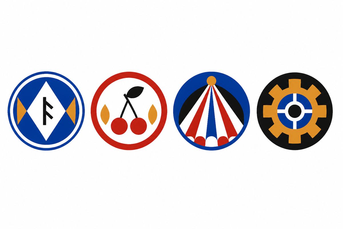 Four geometric medallions with rune, fruit, tent and gear motifs.