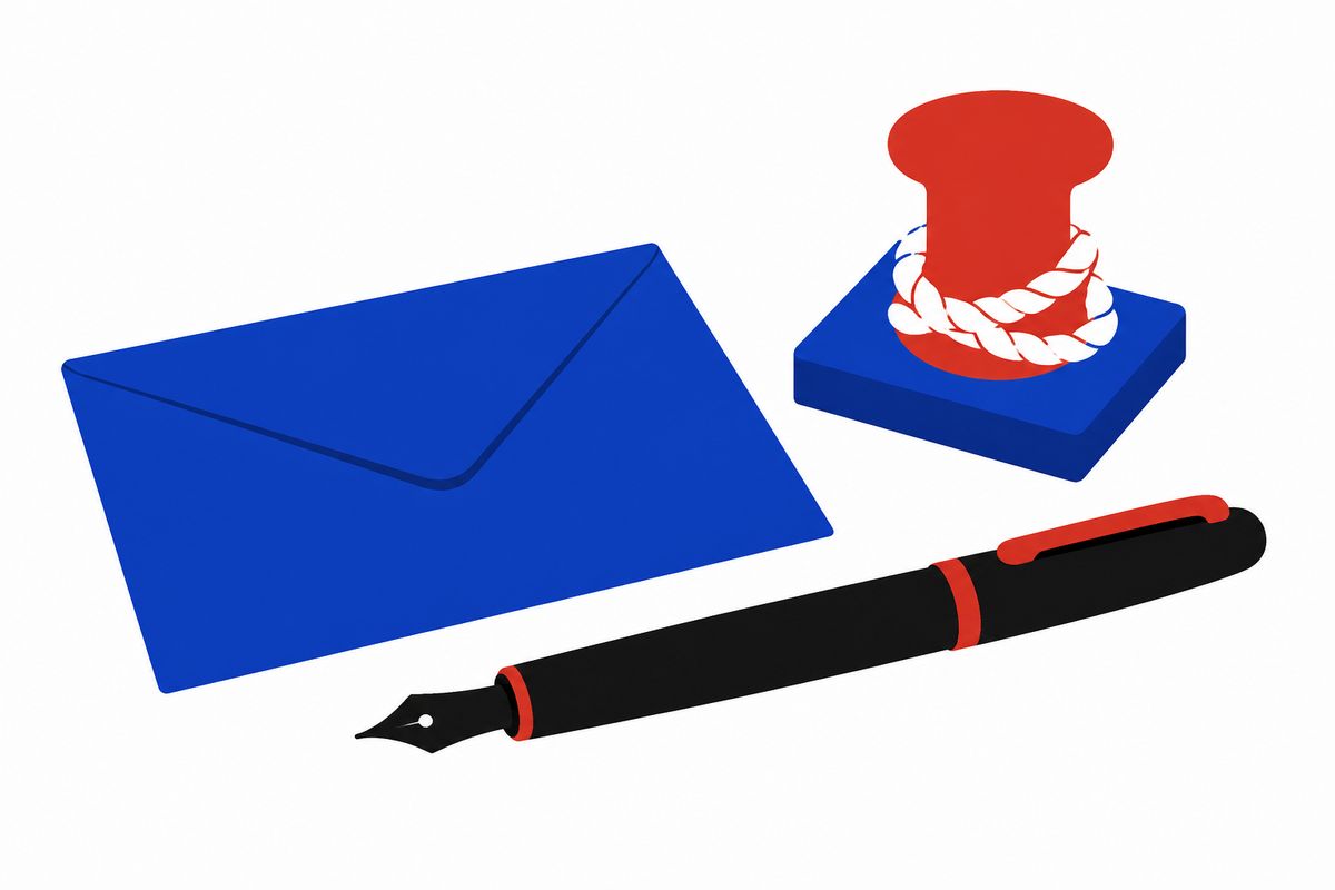 Envelope, pen and a small bollard paperweight on a white desk.