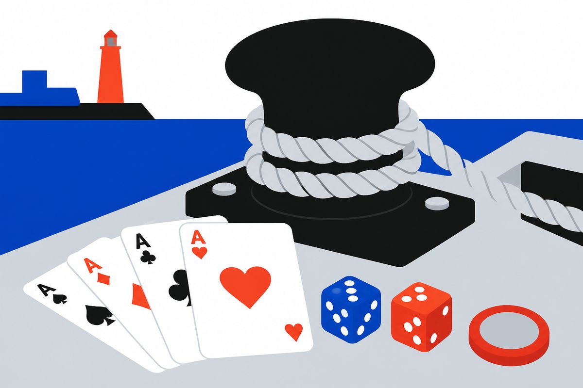 Flat still life of a harbour bollard, playing cards and dice in royal blue and warm red.