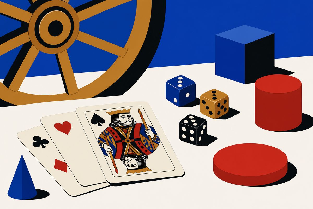 Cards, a wheel fragment and dice in flat colour.