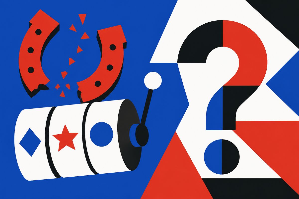 Abstract reels and a geometric horseshoe in royal blue and red.