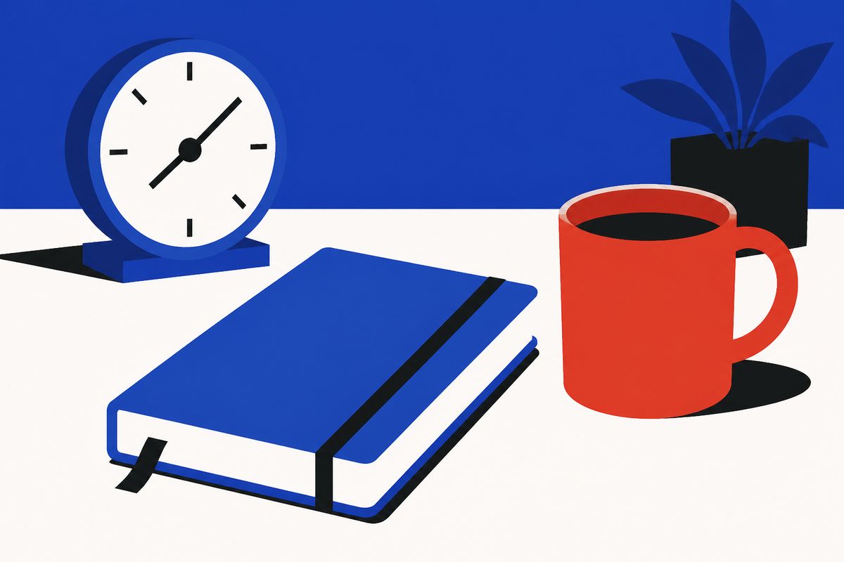 Desk clock, closed notebook and a mug in flat vector colour.